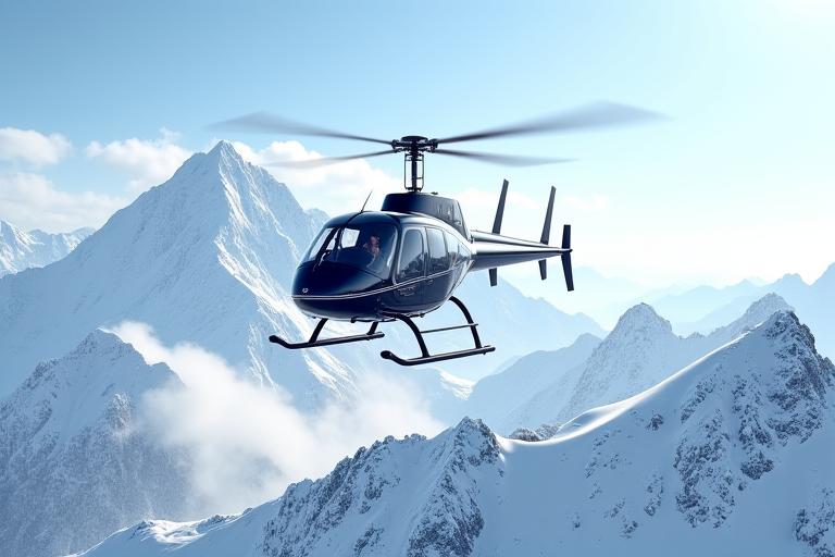 Ein Helikopter fliegt über eine schneebedeckte Bergkette in den Alpen.