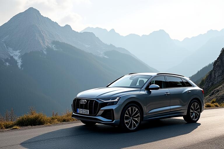 Ein eleganter Audi Q8 auf einem Bergpass in den Alpen.