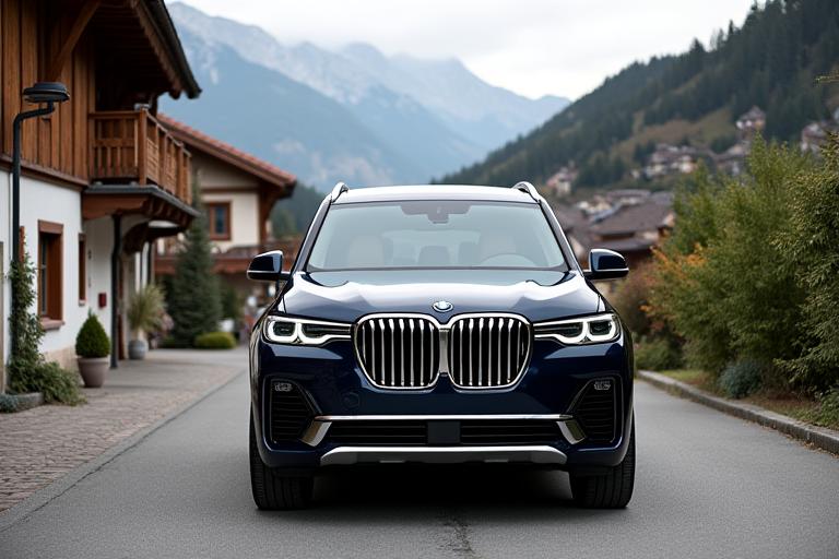Ein dunkler BMW X7 parkt vor einem traditionellen österreichischen Dorf.