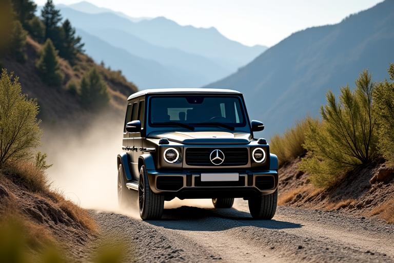 Eine Mercedes-Benz G-Klasse auf einem Schotterweg in den Bergen.