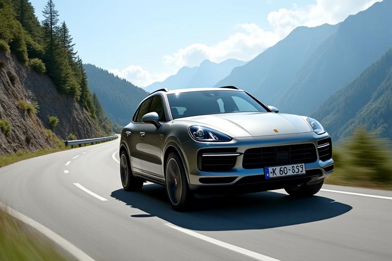 Ein grauer Porsche Cayenne Turbo GT in einer schnellen Kurve.