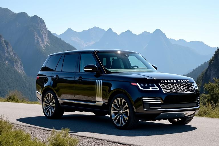 Ein schwarzer Range Rover Vogue vor einer Bergkulisse.