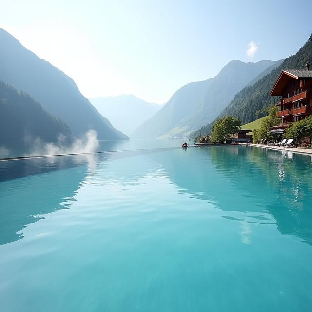 Infinity-Pool eines Luxushotels mit Blick auf einen alpinen See.