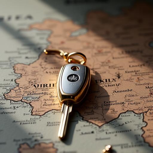Ein eleganter Autoschlüssel liegt auf einer stilisierten Landkarte von Österreich.