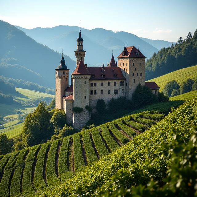 Ein historisches Schloss umgeben von den Weinbergen der Steiermark.